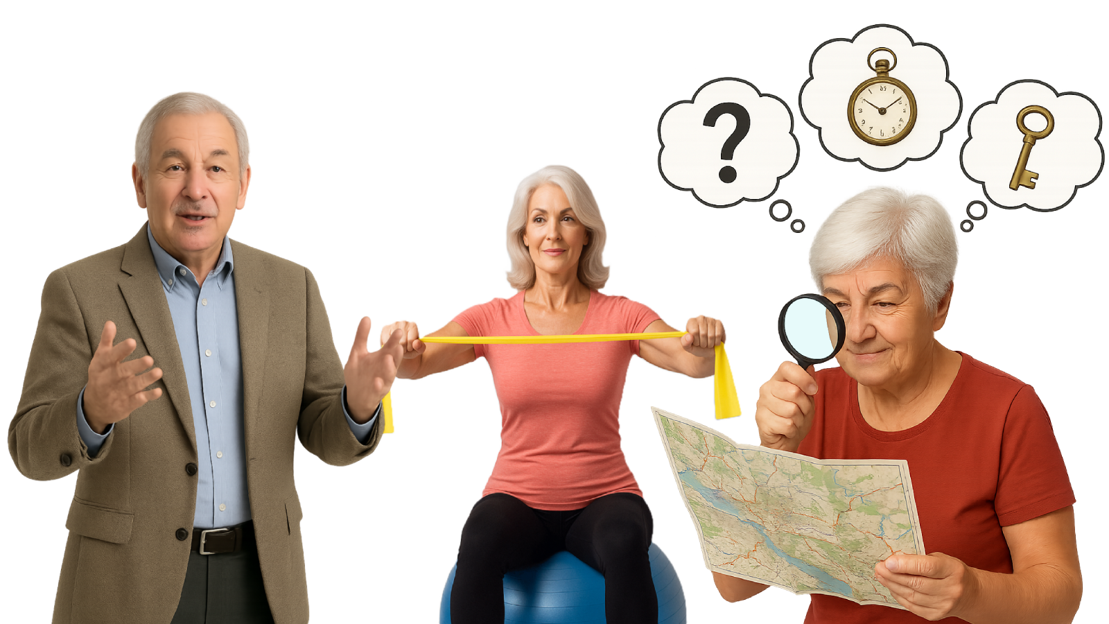 Trzy grafiki z seniorami podczas różnych aktywności: improwizacja, gimnastyka, historietki